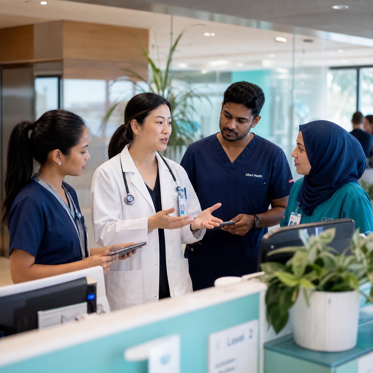 Diverse team of Australian healthcare professionals — doctors, physiotherapists, occupational therapists, speech pathologists and nurses