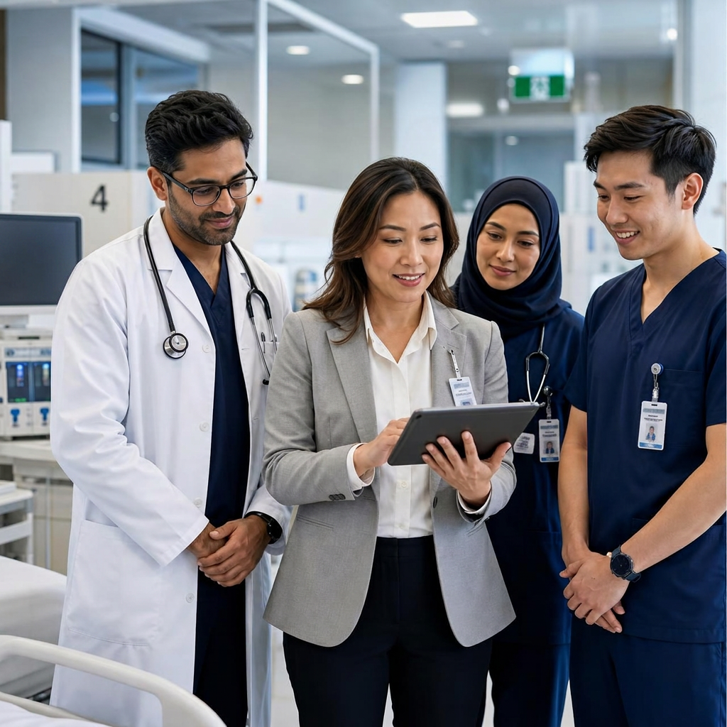 A healthcare leader collaborating with a diverse team of Australian medical professionals