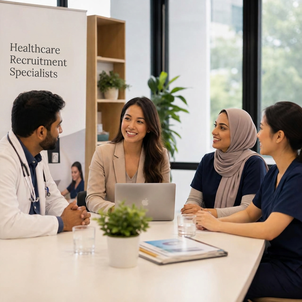 Healthcare recruitment specialist meeting with a diverse team of Australian healthcare professionals